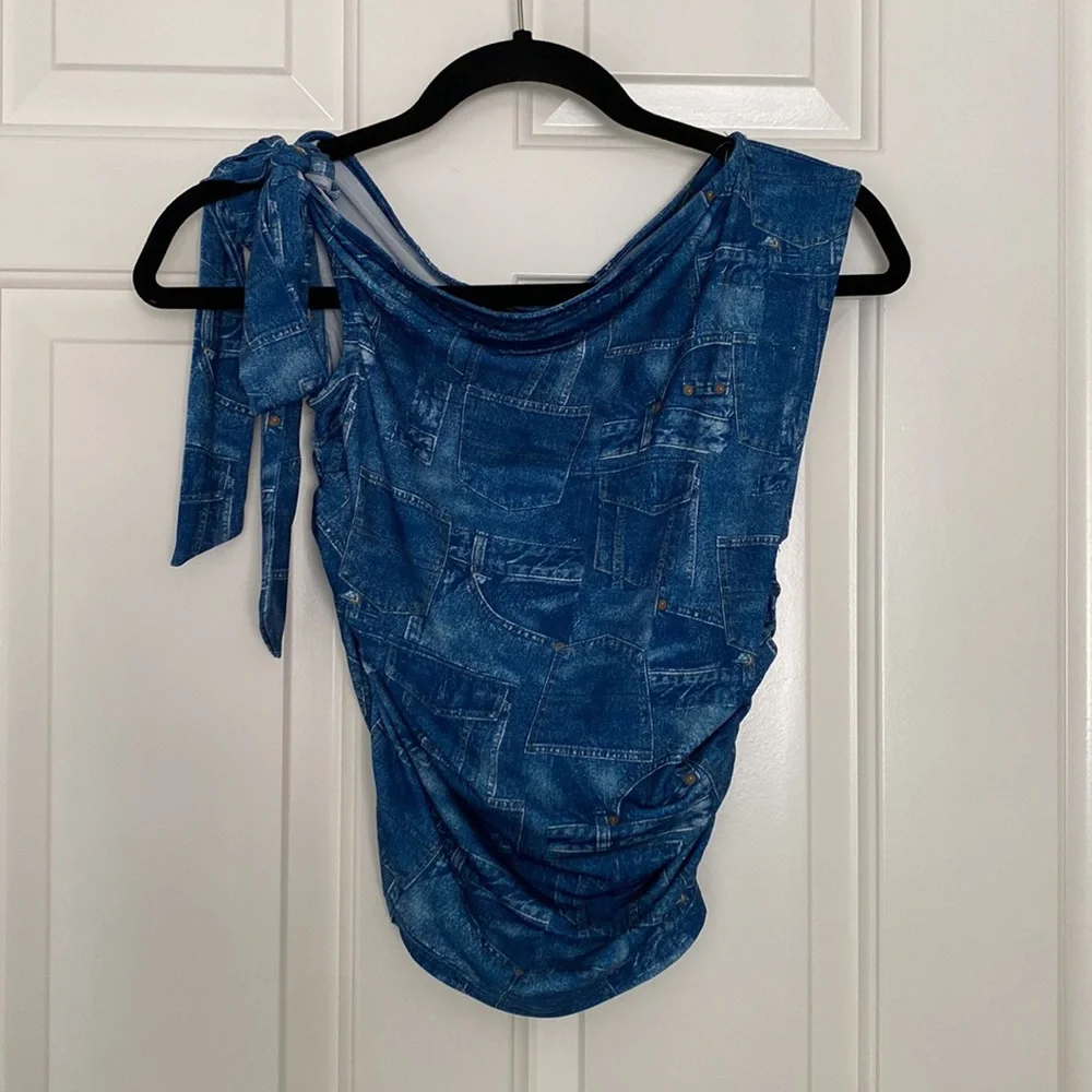 Forever 21 - Blue Denim Graphic Pattern One Side Tie Shoulder Tank Top Blouse - Picture 5 of 7